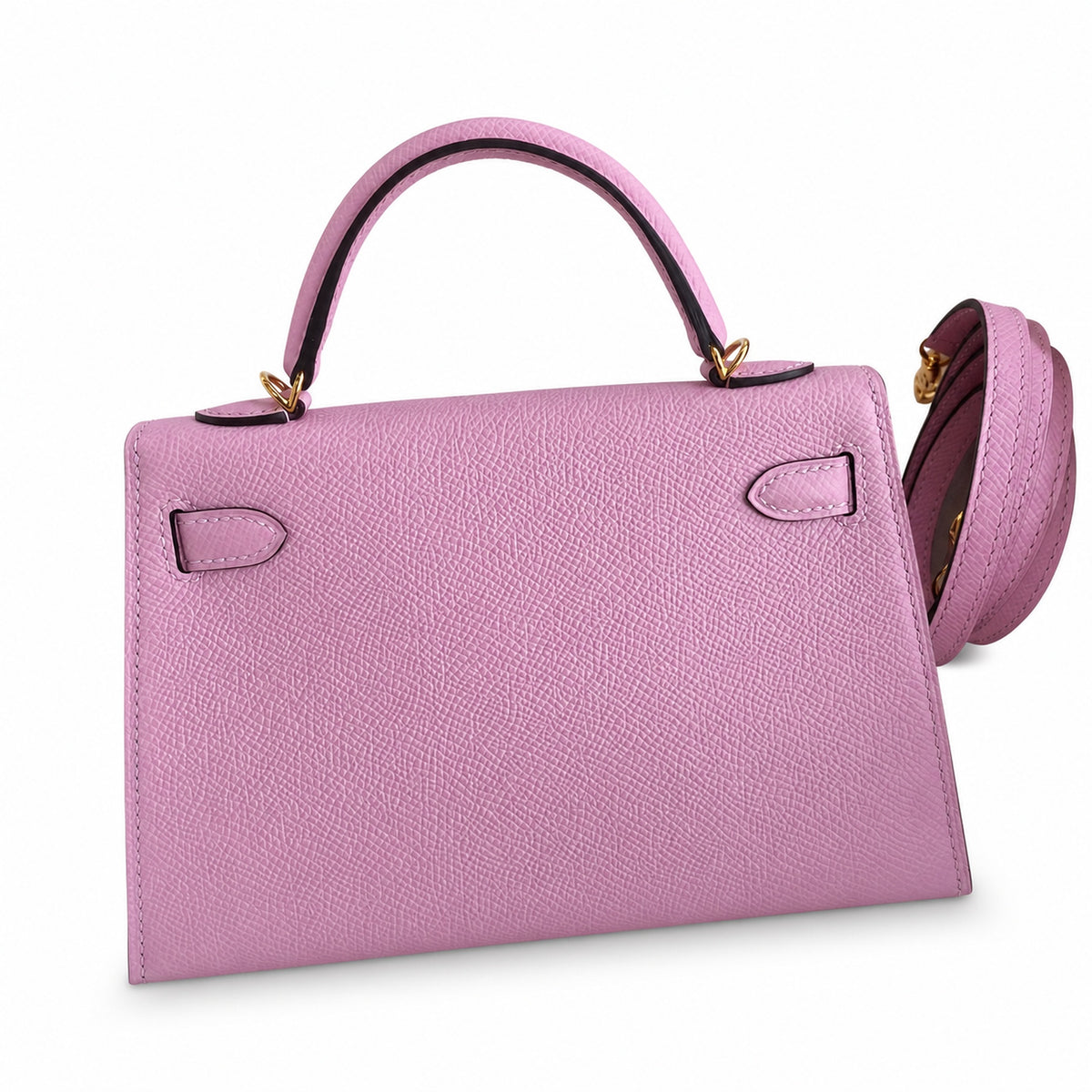 handmade Mini Kelly II 19cm imported Epsom Leather, malva purple, Gold Buckle — Polished Compact Handbag