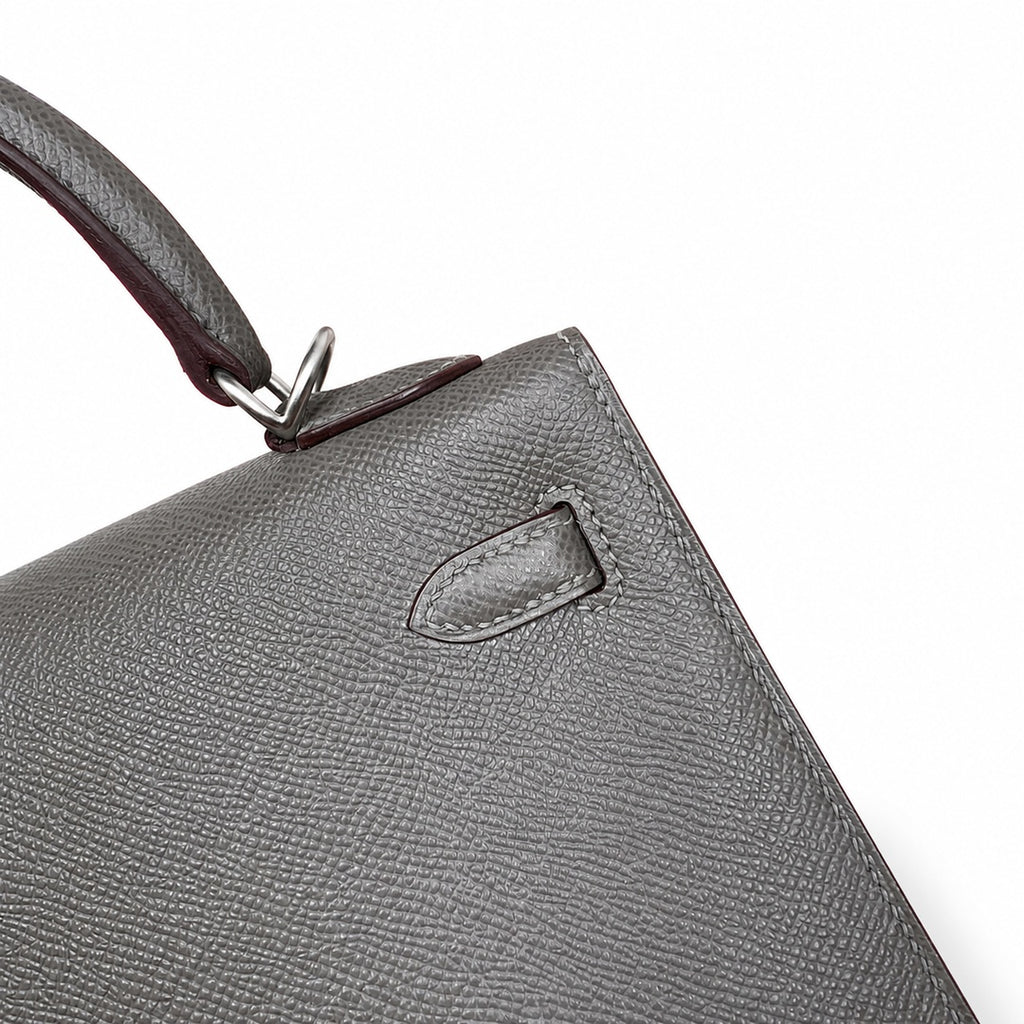 Kelly 25 pewter gray Epsom Silver Buckle fully handmade with wax thread — Sophisticated Carry Design