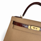 Kelly 28 Milk tea color with honey brown, Epsom with American color, Gold Buckle, hand sewing — Elegant Structured Carry Style