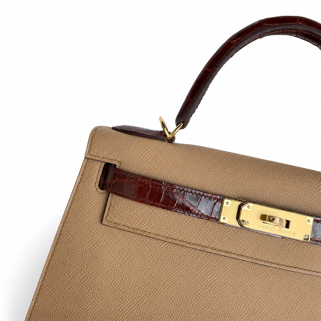 Kelly 28 Milk tea color with honey brown, Epsom with American color, Gold Buckle, hand sewing — Elegant Structured Carry Style