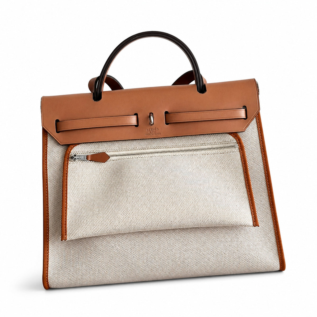 Canvas Body and Leather Trim Design: Herbag 31cm Saddle-Inspired Canvas Body with Leather Handle and Shoulder Strap