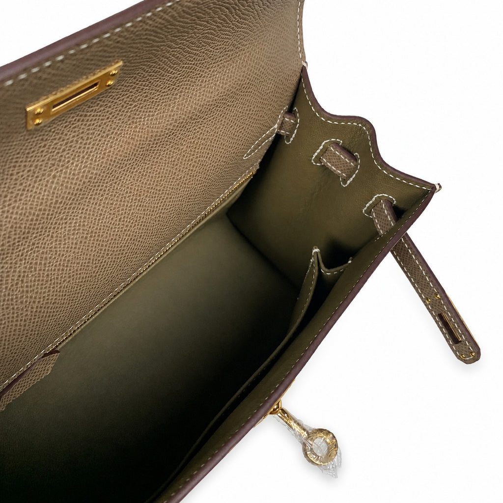 Kelly 25 Elephant Gray Epsom Gold Buckle, fully handmade with wax thread — Classic Hand-Carry Silhouette