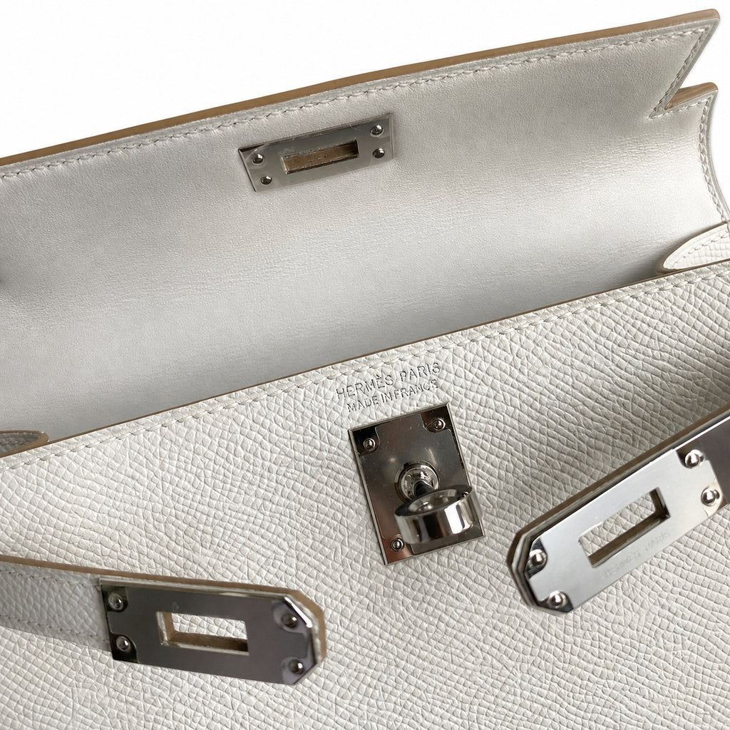 handmade Mini Kelly II 19cm imported Epsom Leather M4 milk gray Silver Buckle — Elegant Compact Carry Style