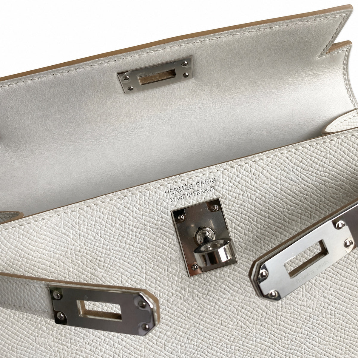 handmade Mini Kelly II 19cm imported Epsom Leather M4 milk gray Silver Buckle — Elegant Compact Carry Style