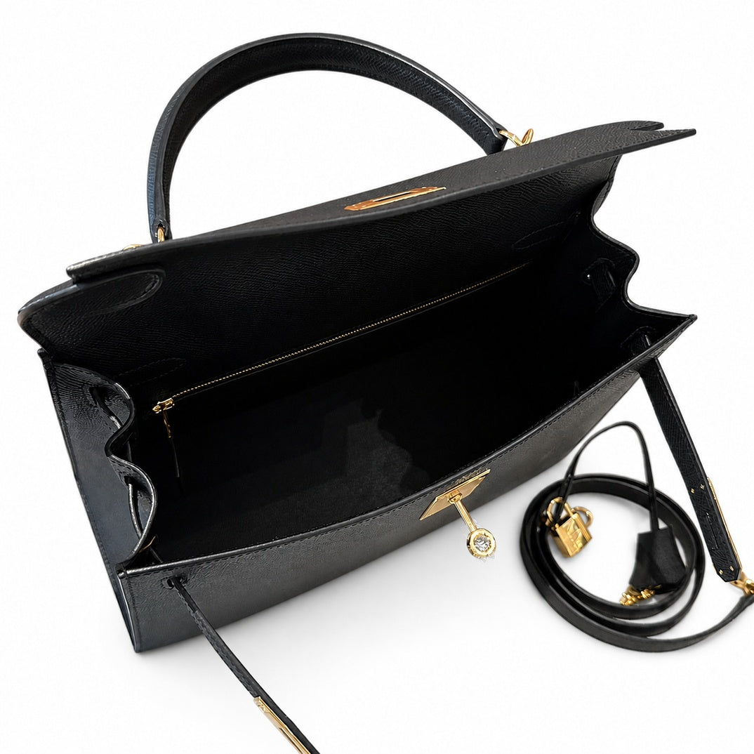 Kelly 32cm in Black Epsom Leather with Gold Buckle Handmade — Distinctive Hand-Carry Bag