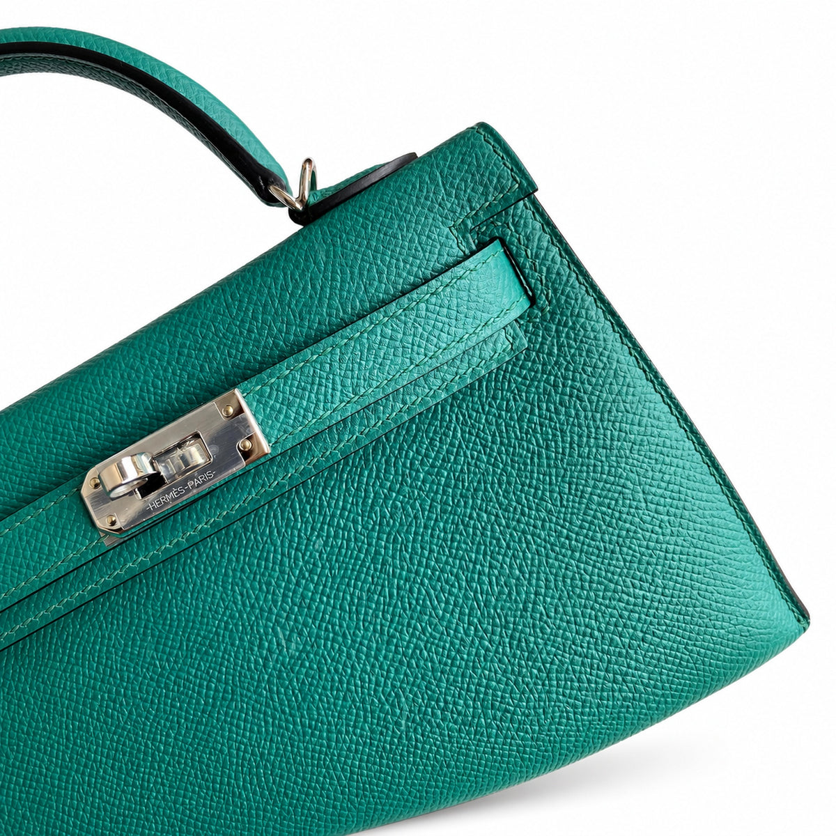 handmade Mini Kelly II 19cm imported Epsom Leather malachite green Silver Buckle — Compact Top-Handle Bag