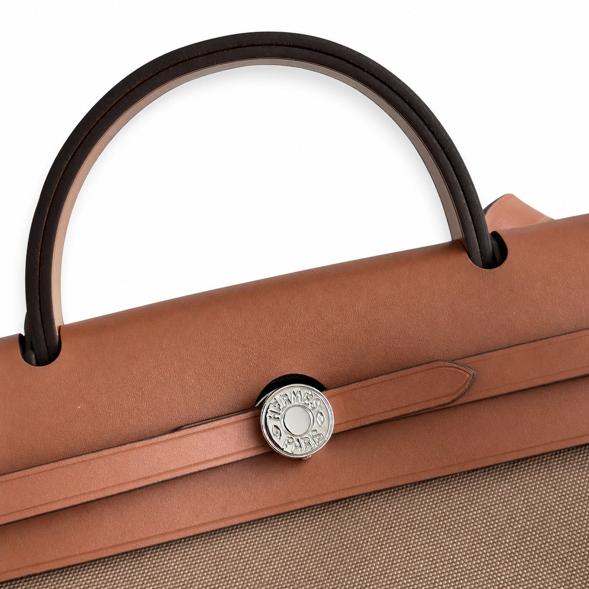 Herbag 31cm Saddle-Inspired Canvas Body with Leather Handle and Shoulder Strap — Structured Leather-Trimmed Canvas Carryall