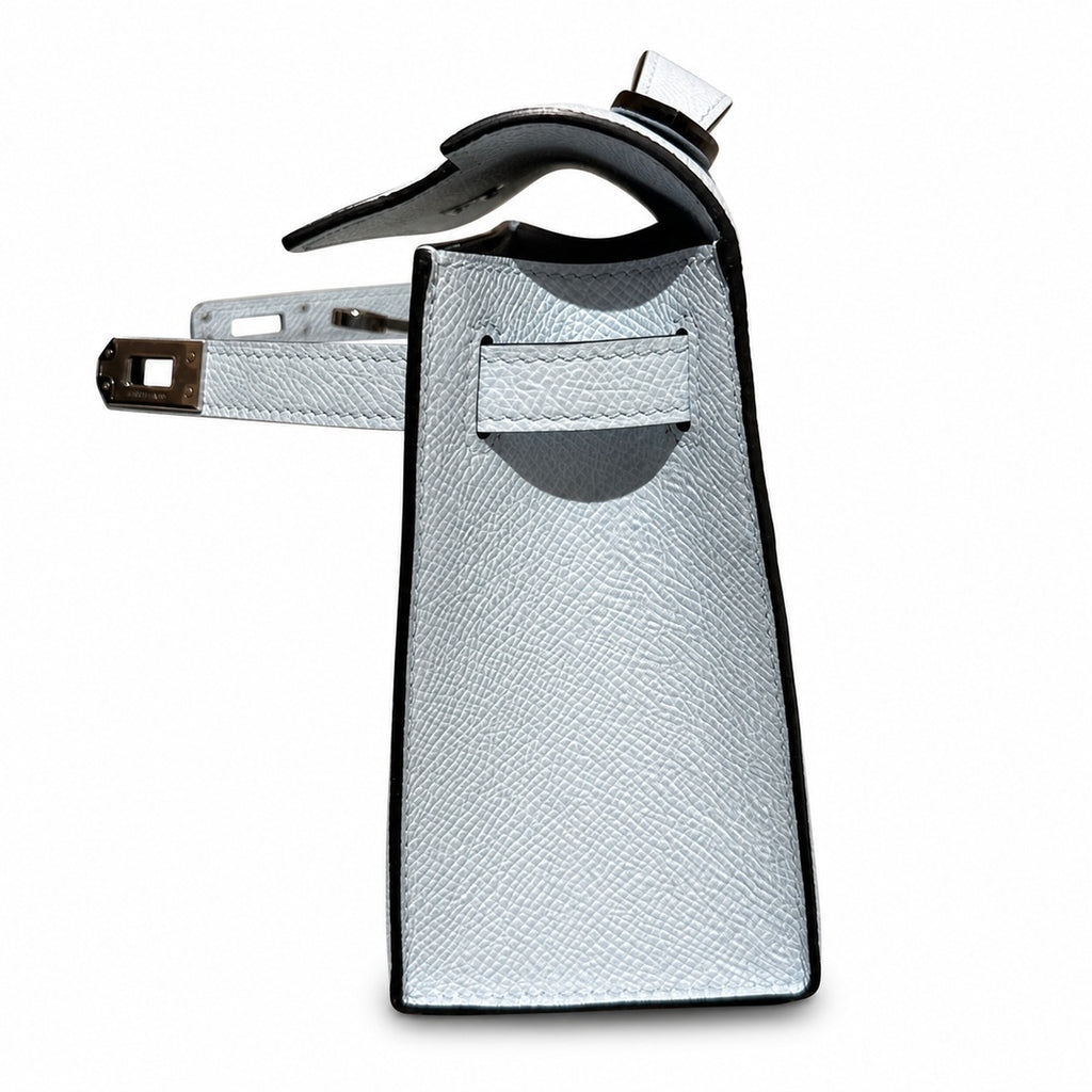 Mini Kelly 22cm in Bleu Brume Epsom Leather with Silver Buckle — Elegant Compact Carry Style