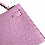 handmade Mini Kelly II 19cm imported Epsom Leather, malva purple, Gold Buckle — Polished Compact Handbag