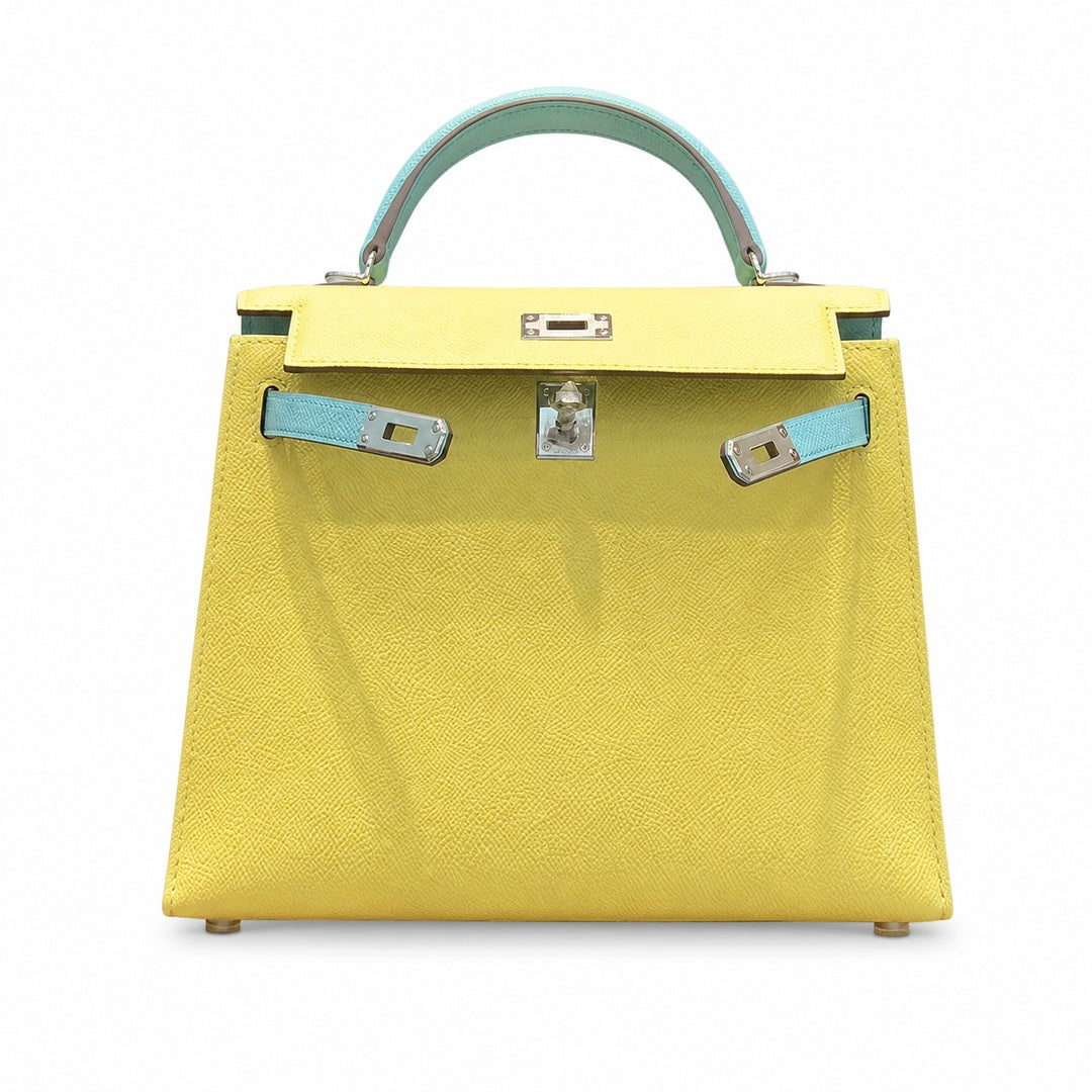 Kelly 28cm Epsom Leather C9 Soufre goose egg yolk 3P BlueAtoll macaron blue top handcraft — Polished Structured Handbag