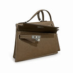 Kelly Double-Sided Epsom Leather in Elephant Gray with Silver Buckle — Polished Two-Sided Top-Handle Bag
