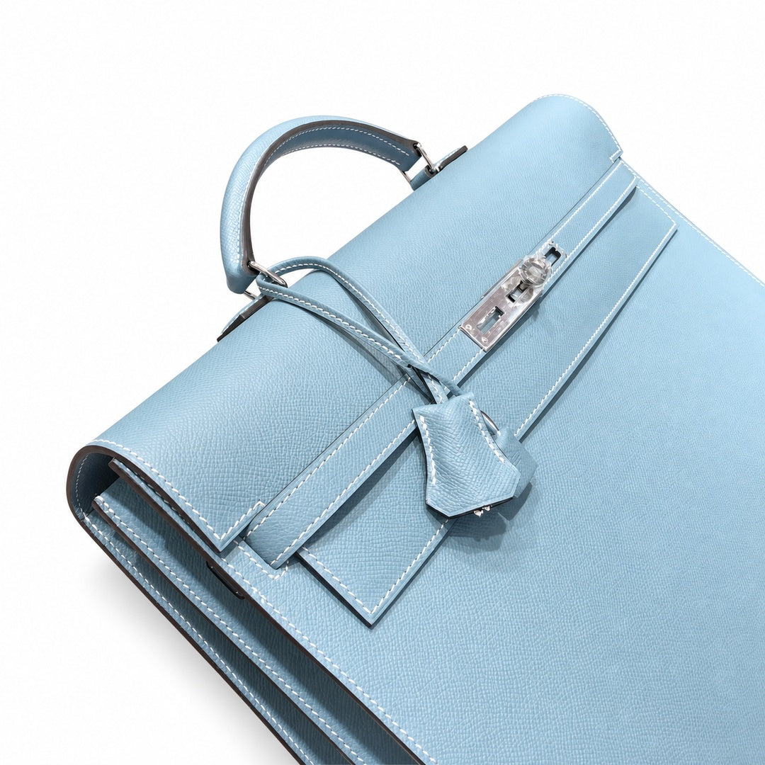 Kelly briefcase 38cm Epsom Leather 75 Bleu Jean denim blue top handcraft — Polished Hand-Carry Briefcase