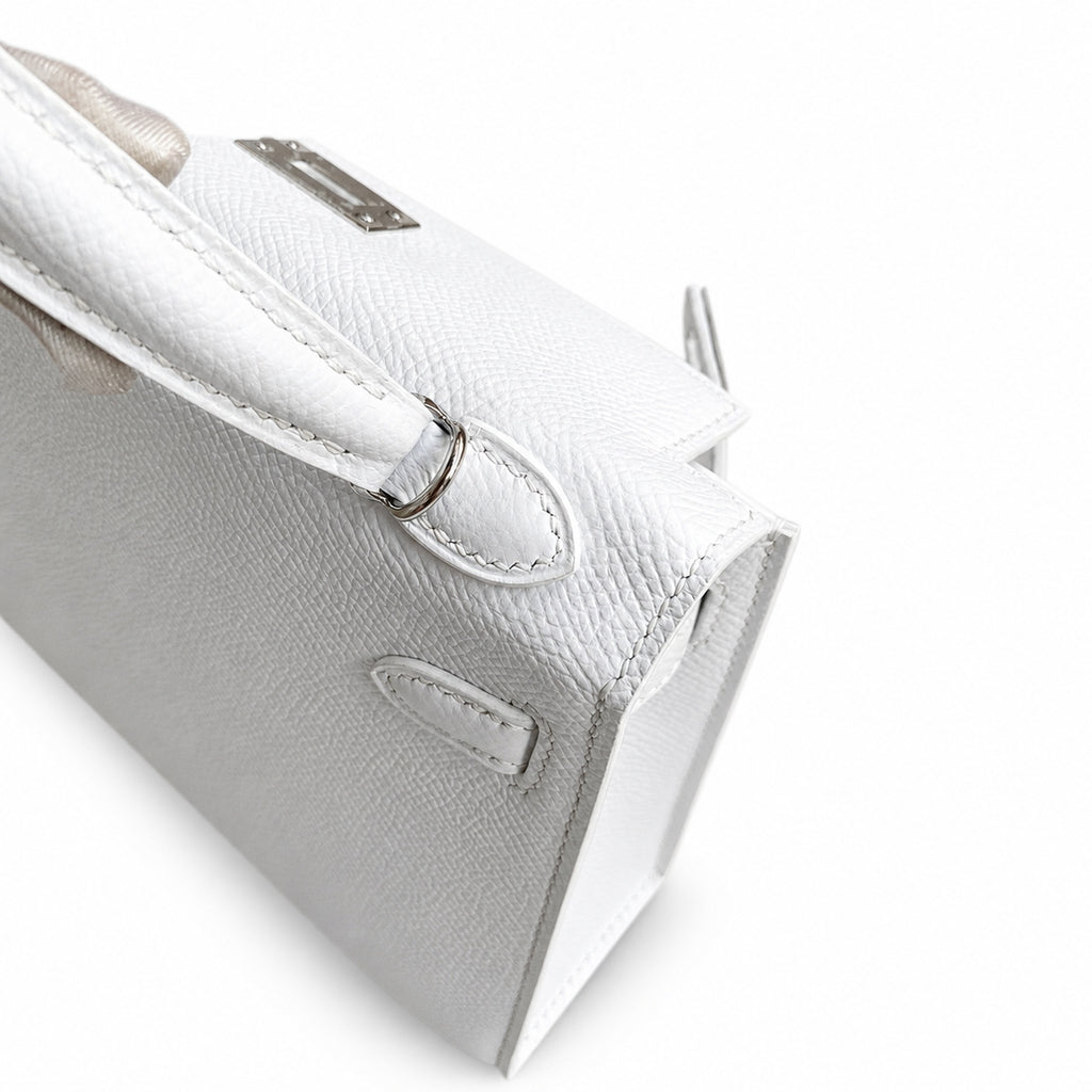 handmade Mini Kelly II 19cm imported Epsom Leather pure White Silver Buckle — Small Structured Carry Style