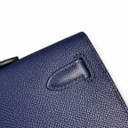 Kelly cut clutch, evening bag, Epsom Leather, waxed thread hand-stitching, sapphire blue, Silver Buckle — Versatile Flat Handbag