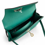 handmade Mini Kelly II 19cm imported Epsom Leather malachite green Silver Buckle — Compact Top-Handle Bag