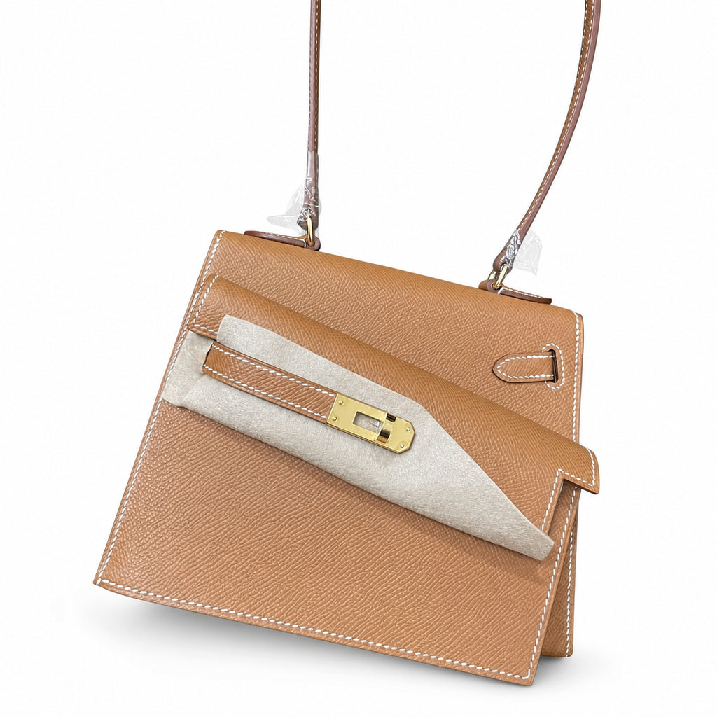 Kelly Desordre 20cm Sellier double-sided Epsom original palm print leather ck37 Golden Brown Gold Gold Buckle GHW top hand sewing — Double-Sided Structured Handbag
