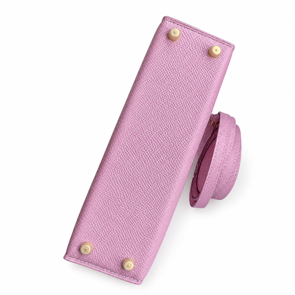 handmade Mini Kelly II 19cm imported Epsom Leather, malva purple, Gold Buckle — Polished Compact Handbag