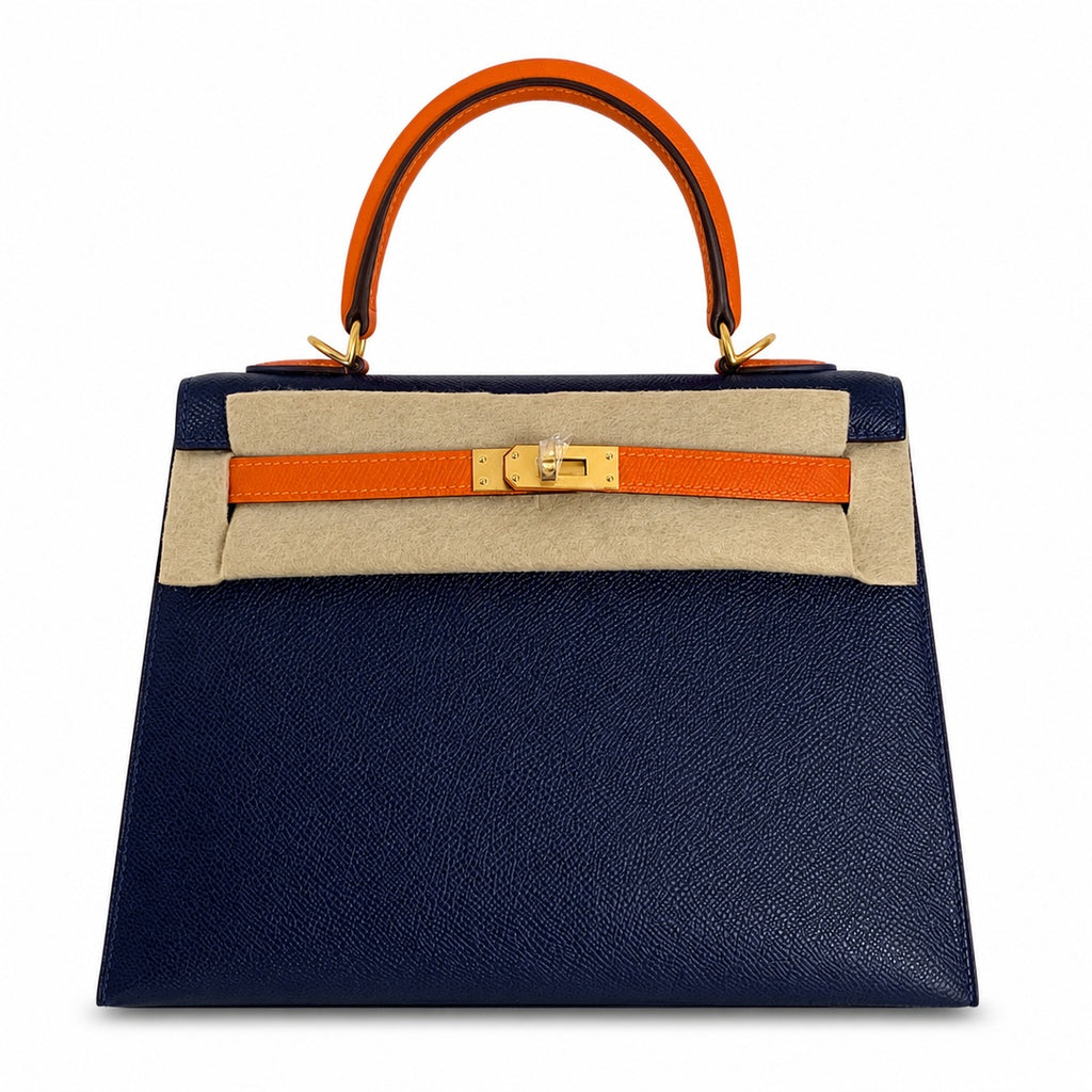 Kelly 25 sapphire blue with classic orange Epsom frosted Gold Buckle handmade — Elegant Structured Carry Style