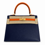 Kelly 25 sapphire blue with classic orange Epsom frosted Gold Buckle handmade — Elegant Structured Carry Style