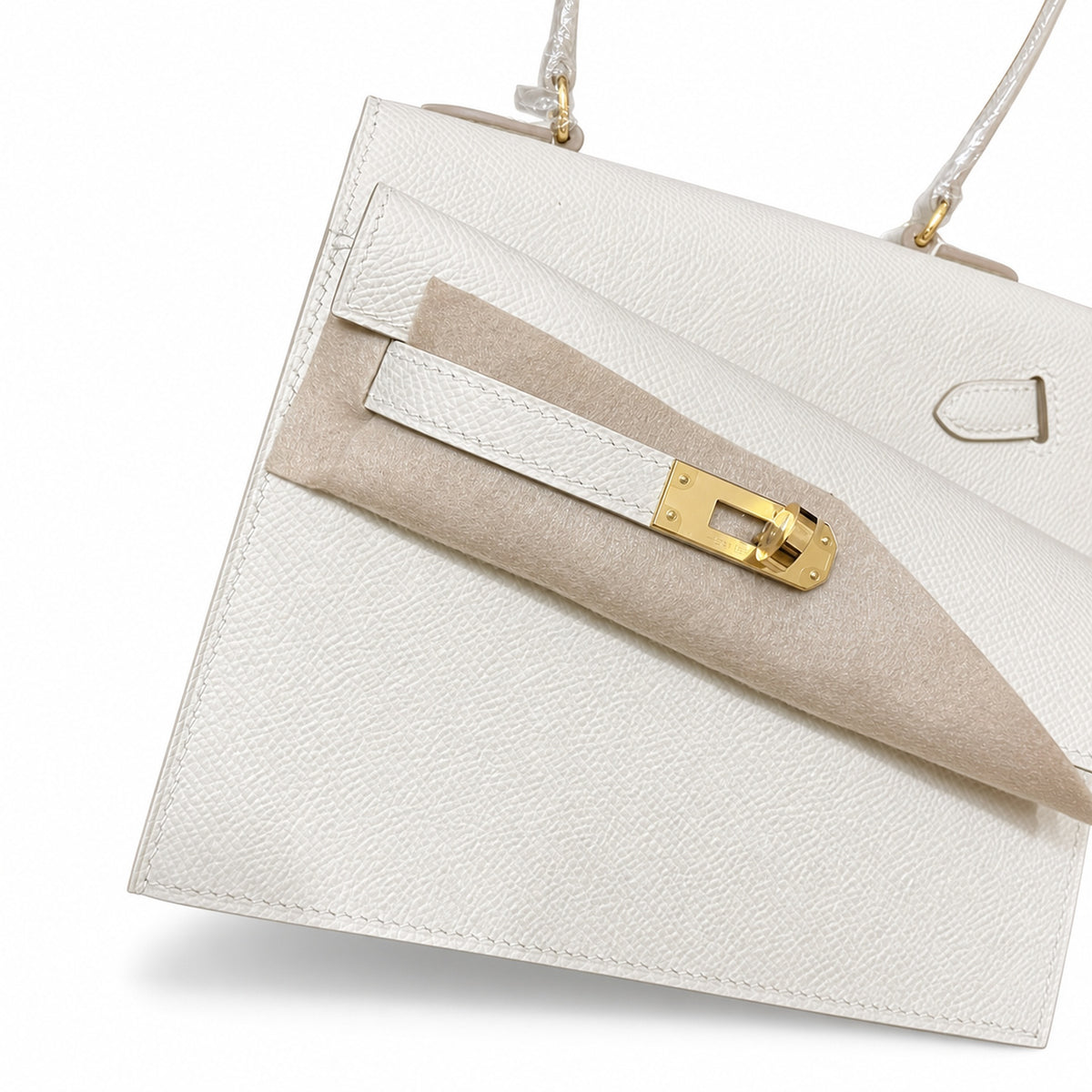Kelly Desordre 20cm Sellier double-sided Epsom original palm print leather ck10 Milkshake White Craie Gold Buckle GHw top hand sewing — Double-Sided Structured Handbag