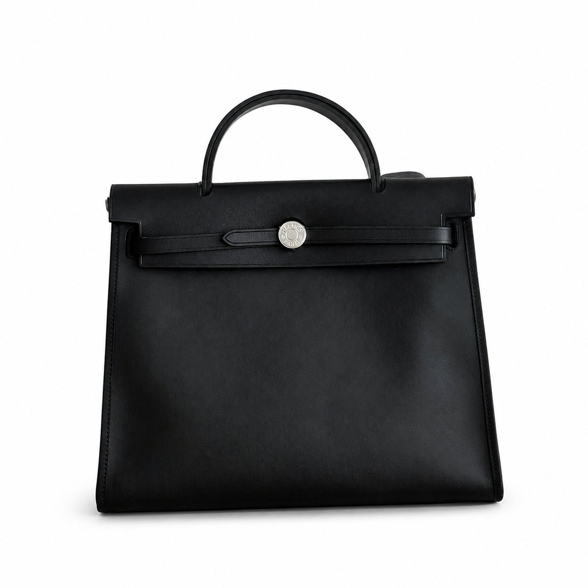 Herbag 31cm Saddle-Inspired Canvas Body with Leather Handle and Shoulder Strap — Elegant Leather-Accented Canvas Bag