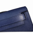 Versatile Flat Handbag: Kelly cut clutch, evening bag, Epsom Leather, waxed thread hand-stitching, sapphire blue, Silver Buckle