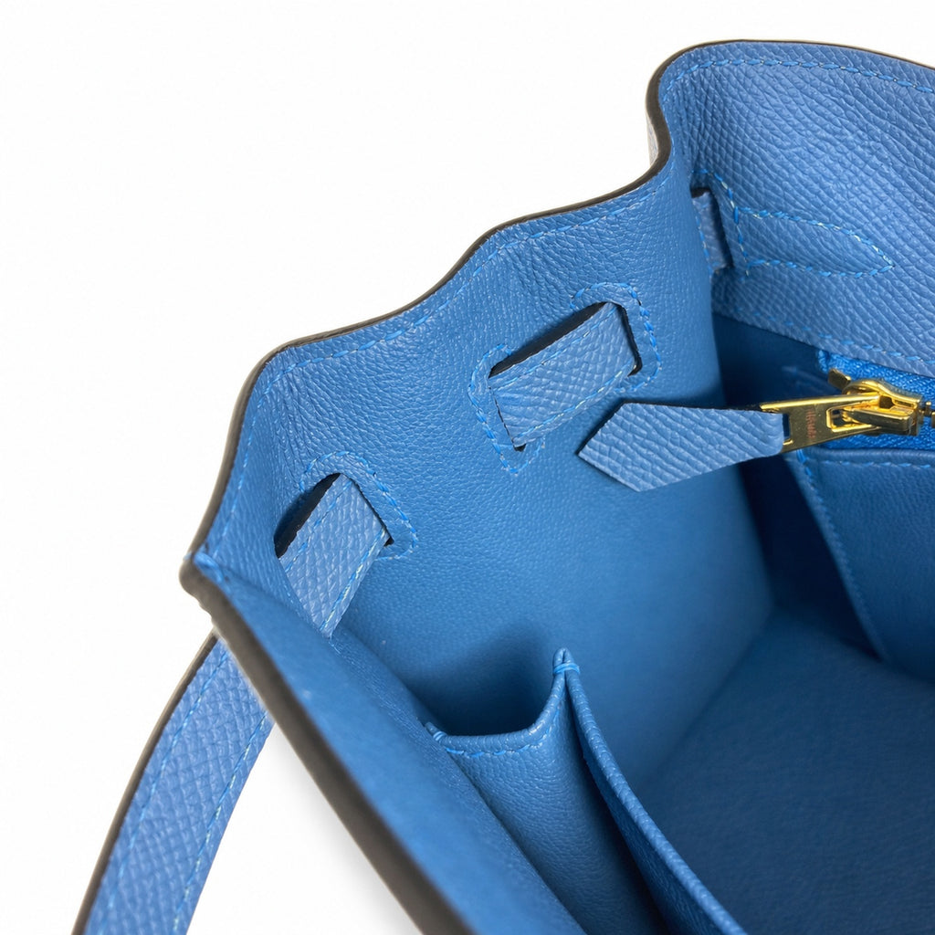 Kelly Kelly 25cm, Epsom Leather wax thread semi-handmade, Tanzania blue — Structured Top-Handle Handbag