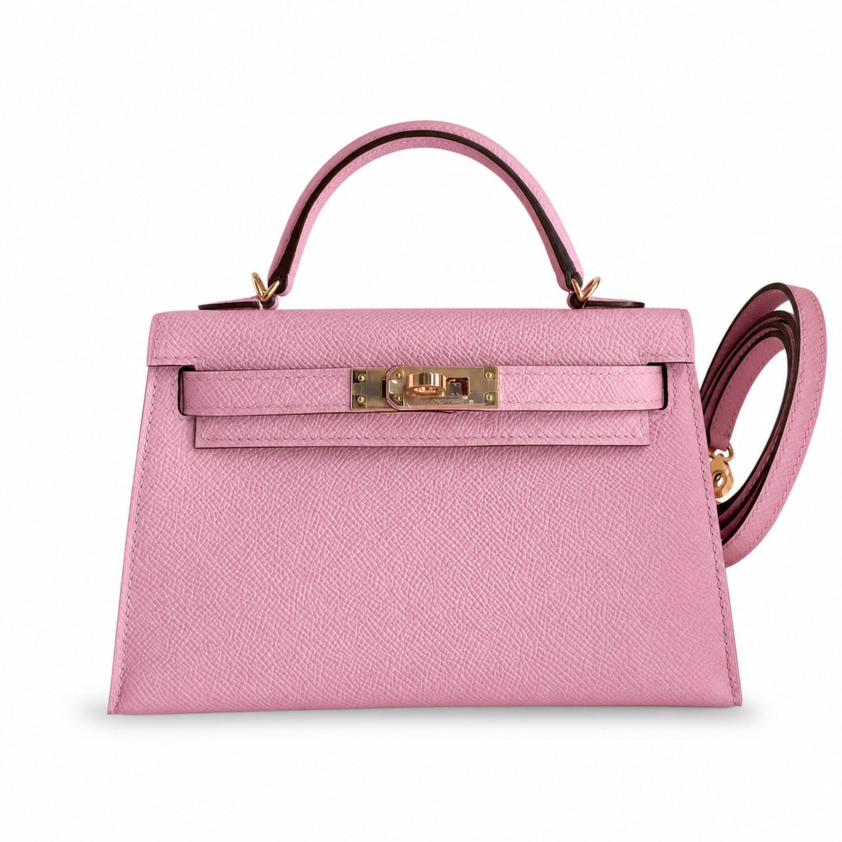 handmade Mini Kelly II 19cm imported Epsom Leather, malva purple, Rose Gold Buckle — Sophisticated Small-Scale Bag