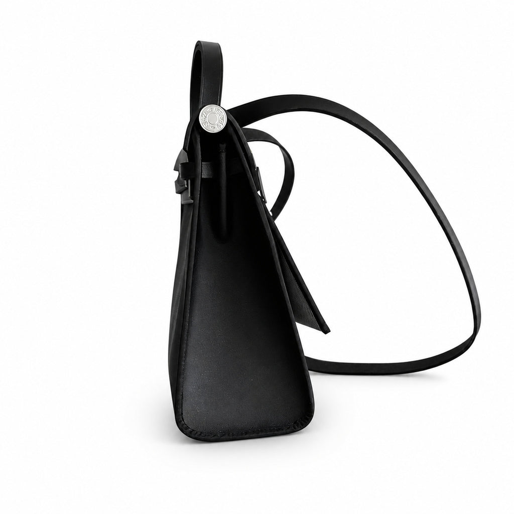 Herbag 31cm Saddle-Inspired Canvas Body with Leather Handle and Shoulder Strap — Elegant Leather-Accented Canvas Bag