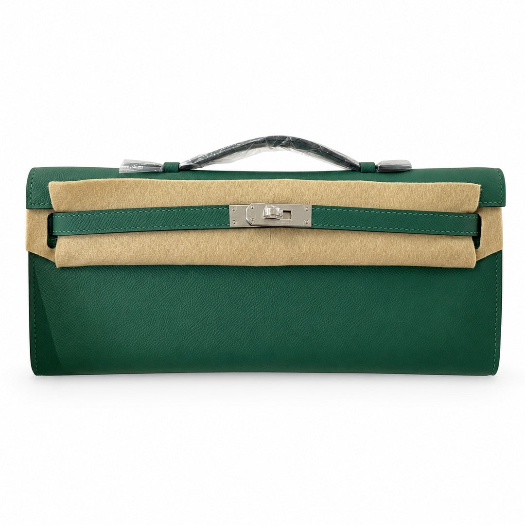 Kelly cut 31 clutch Epsom malachite green Silver Buckle — Sophisticated Evening Clutch