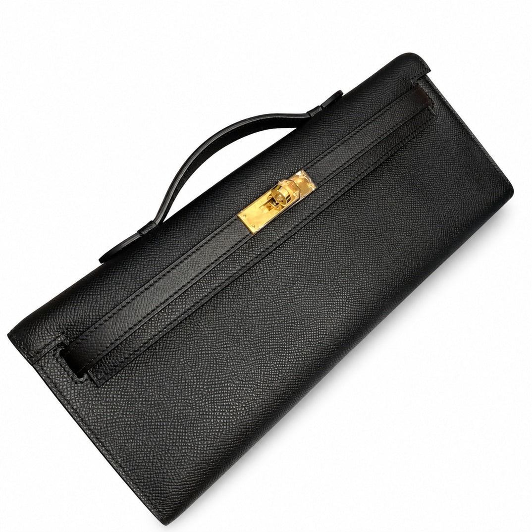 Distinctive Slim Carry Style: Kelly cut clutch evening bag Epsom Leather wax thread handmade Black Gold Buckle