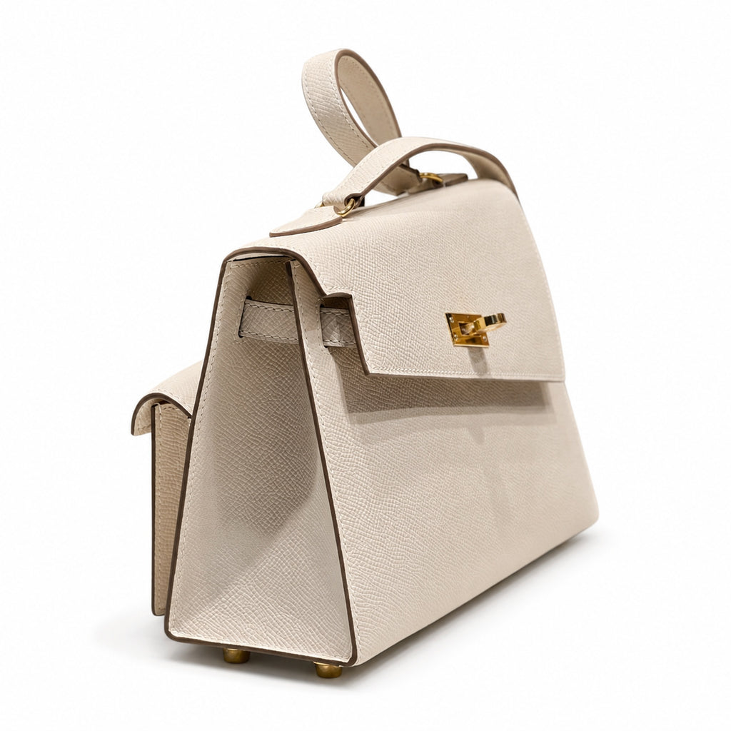 Kelly II SELLIER double-sided Kelly 20cm 10 Milkshake White Epsom Leather Gold Buckle — Elegant Structured Carry Style