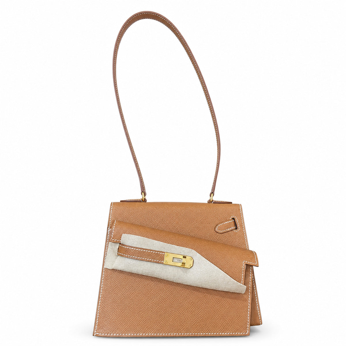 Kelly Desordre 20cm Sellier double-sided Epsom original palm print leather ck37 Golden Brown Gold Gold Buckle GHW top hand sewing — Double-Sided Structured Handbag