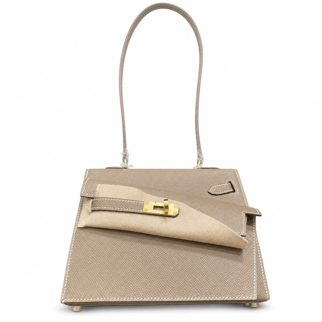 Kelly Desordre 20cm Sellier double-sided Epsom original palm print leather ck18 Elephant Gray Etoupe Gold Buckle GHw top hand sewing — Elegant Structured Carry Style
