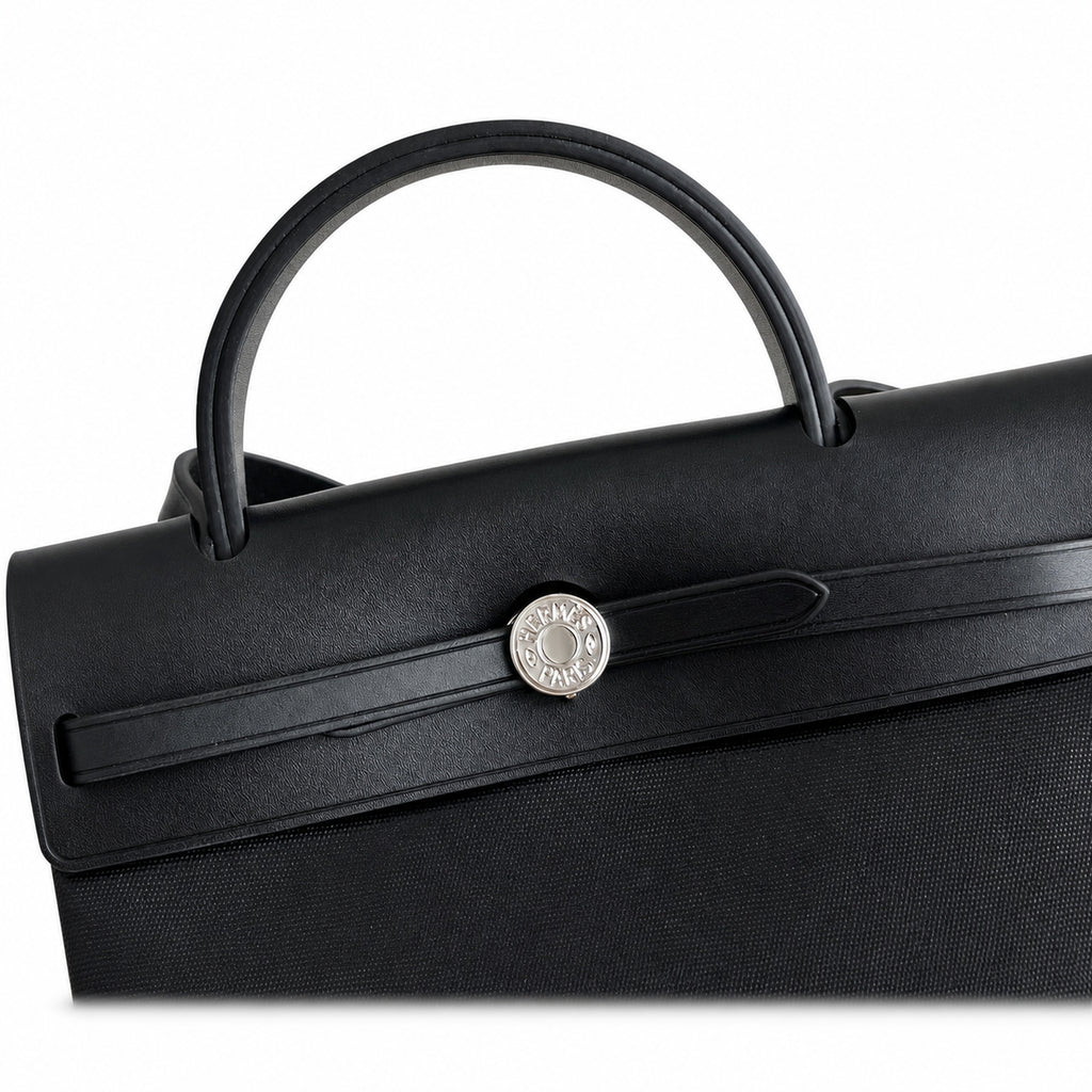 Elegant Leather-Accented Canvas Bag: Herbag 31cm Saddle-Inspired Canvas Body with Leather Handle and Shoulder Strap