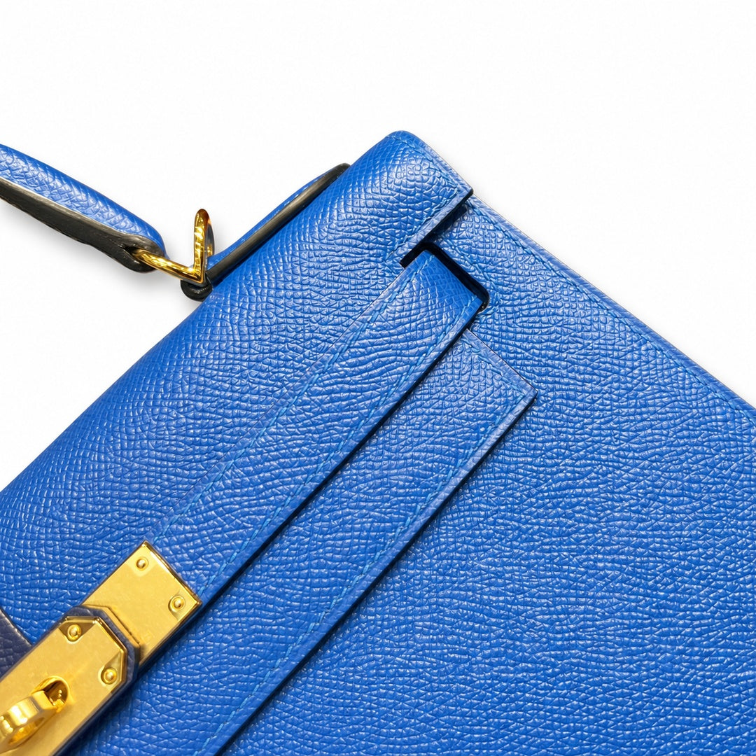 Kelly 28cm Epsom Leather 73 Bleu Saphir sapphire blue combined with 71 Bleu France French blue top handcraft — Refined Top-Handle Bag
