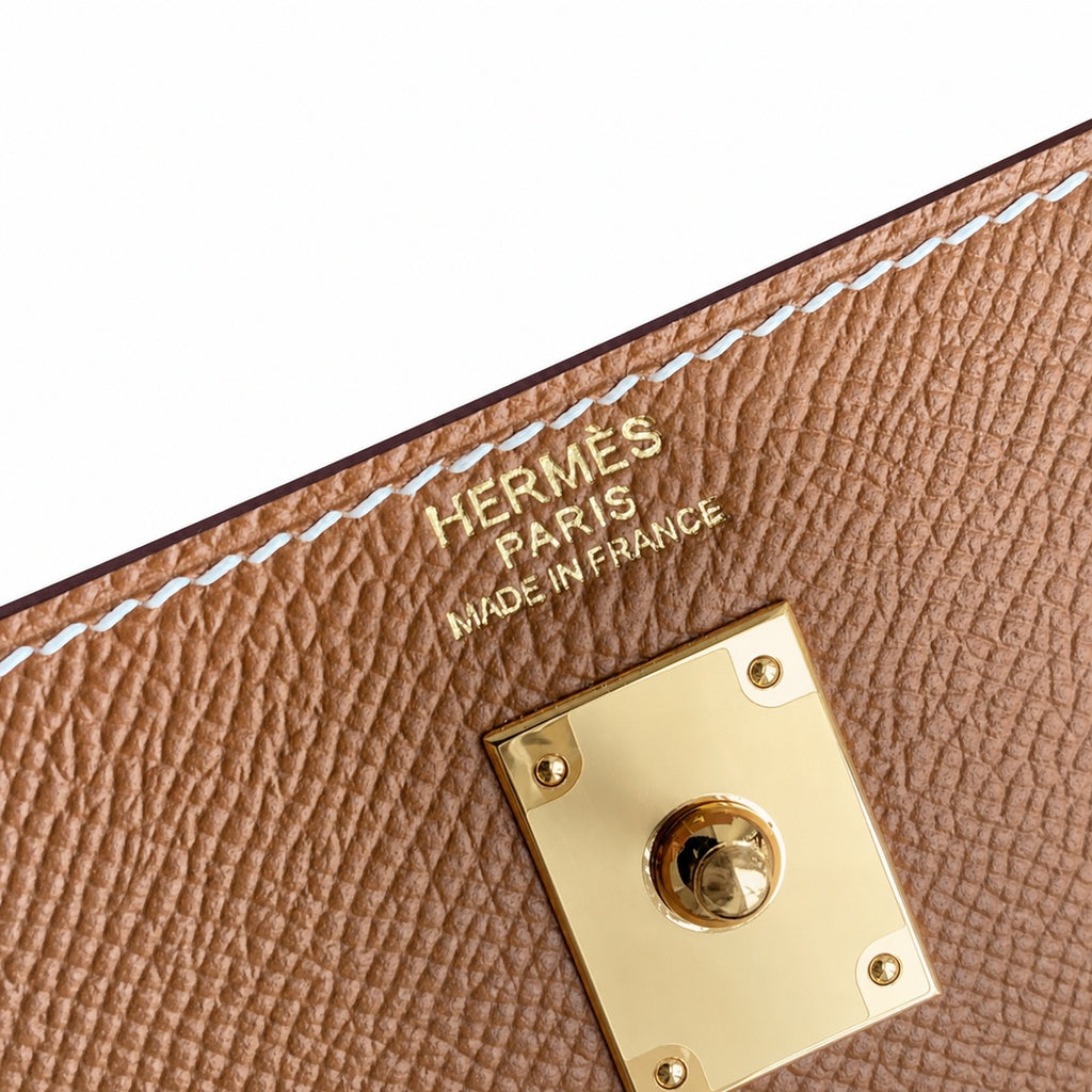 Kelly 25 Golden Brown Gold Buckle Epsom pure hand sewing wax thread — Streamlined Top-Handle Handbag