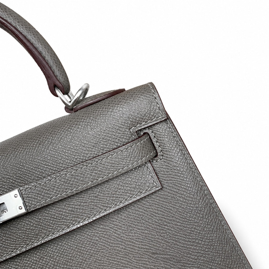 Kelly 25 pewter gray Epsom Silver Buckle fully handmade with wax thread — Sophisticated Carry Design