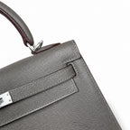Kelly 25 pewter gray Epsom Silver Buckle fully handmade with wax thread — Sophisticated Carry Design