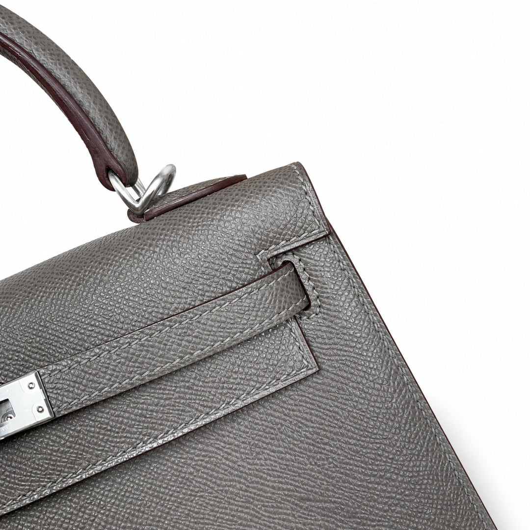 Kelly 25 pewter gray Epsom Silver Buckle fully handmade with wax thread — Sophisticated Carry Design