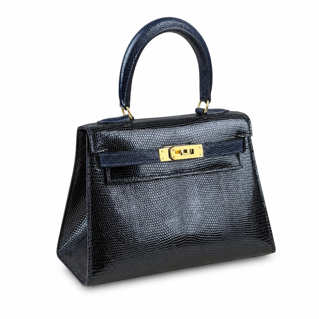 Kelly 20cm in blue lizard Leather Handmade — Structured Top-Handle Handbag