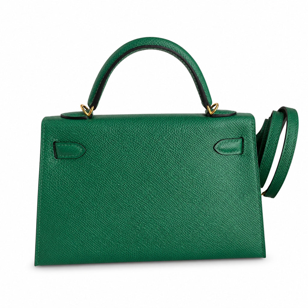 handmade Mini Kelly II 19cm imported Epsom Leather Velvet Green Gold Buckle — Distinctive Petite Bag