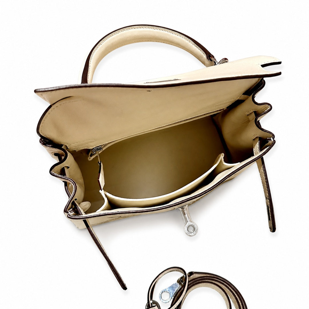 Kelly Graffiti 25cm in Nata Epsom Leather with Silver Buckle Handmade — Distinctive Hand-Carry Bag