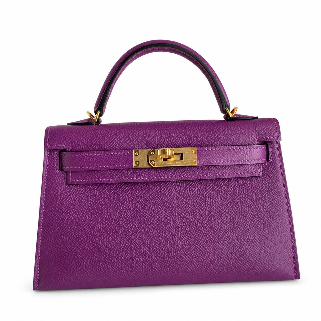 handmade Mini Kelly II 19cm imported Epsom Leather sea anemone purple Gold Buckle — Elegant Compact Carry Style