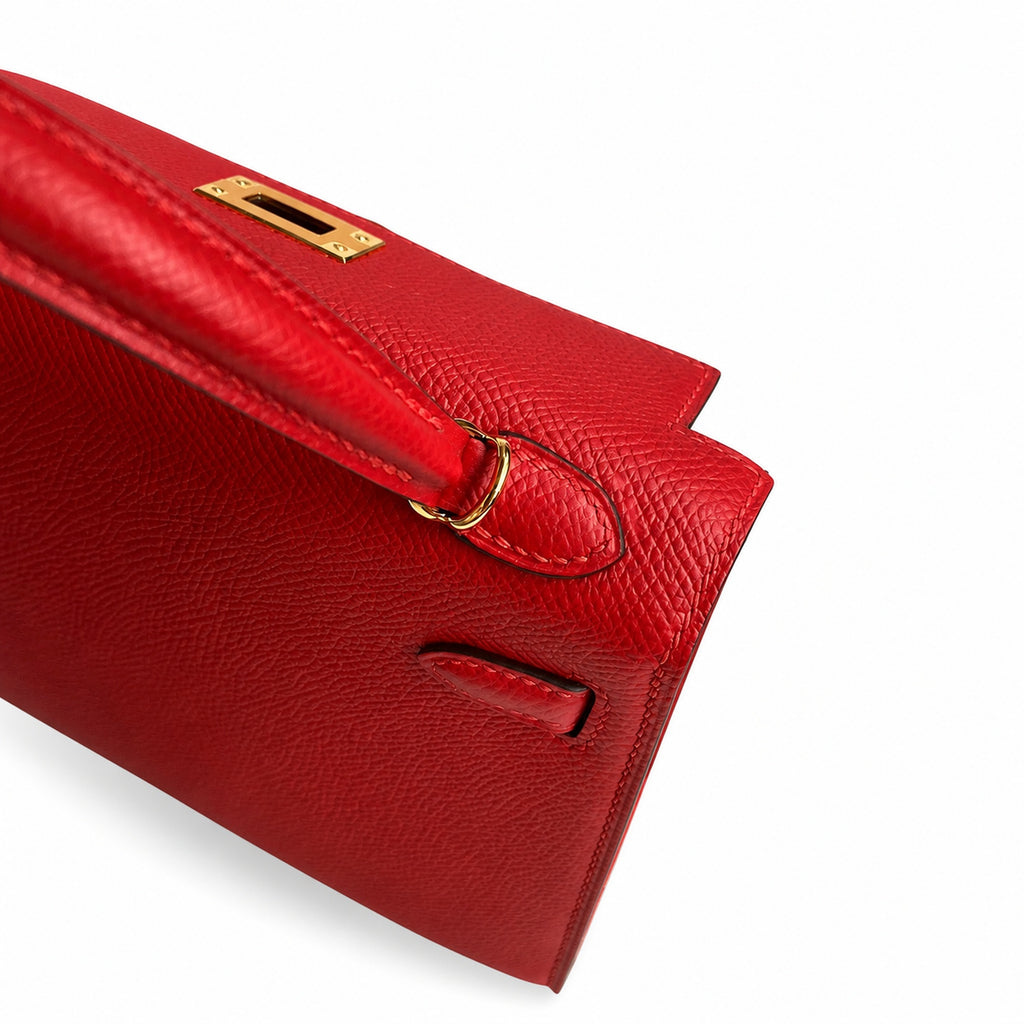 handmade Mini Kelly II 19cm imported Epsom Leather flag Red Gold Buckle — Distinctive Petite Bag