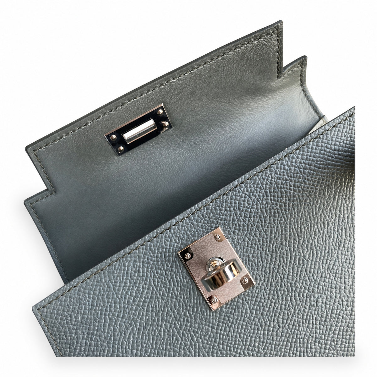 handmade Mini Kelly II 19cm imported Epsom Leather almond green Silver Buckle — Streamlined Mini Handbag