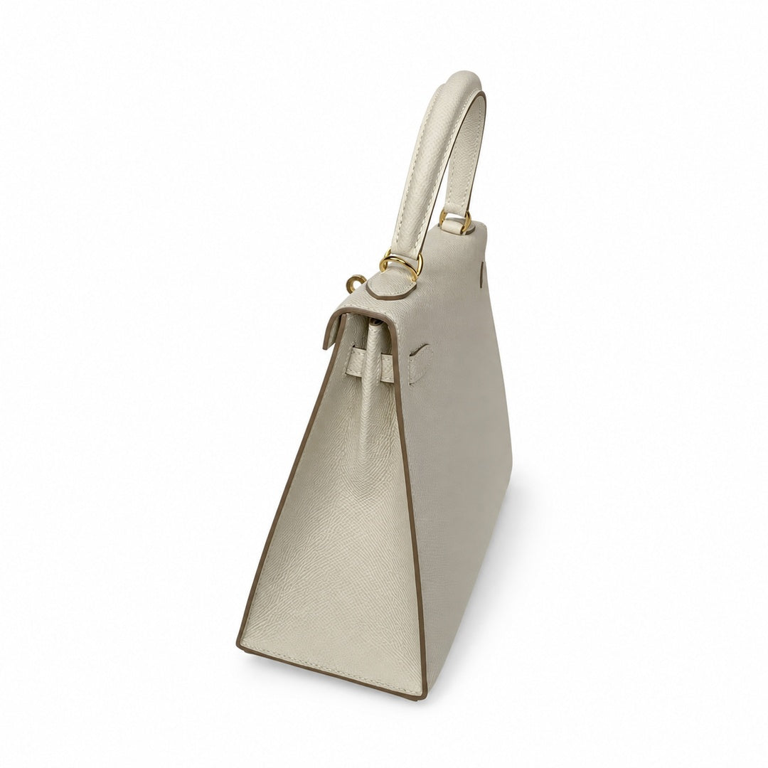 Kelly 25 Milkshake White Epsom Gold Buckle handmade with wax thread — Distinctive Hand-Carry Bag