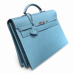 Kelly briefcase 38cm Epsom Leather 75 Bleu Jean denim blue top handcraft — Polished Hand-Carry Briefcase