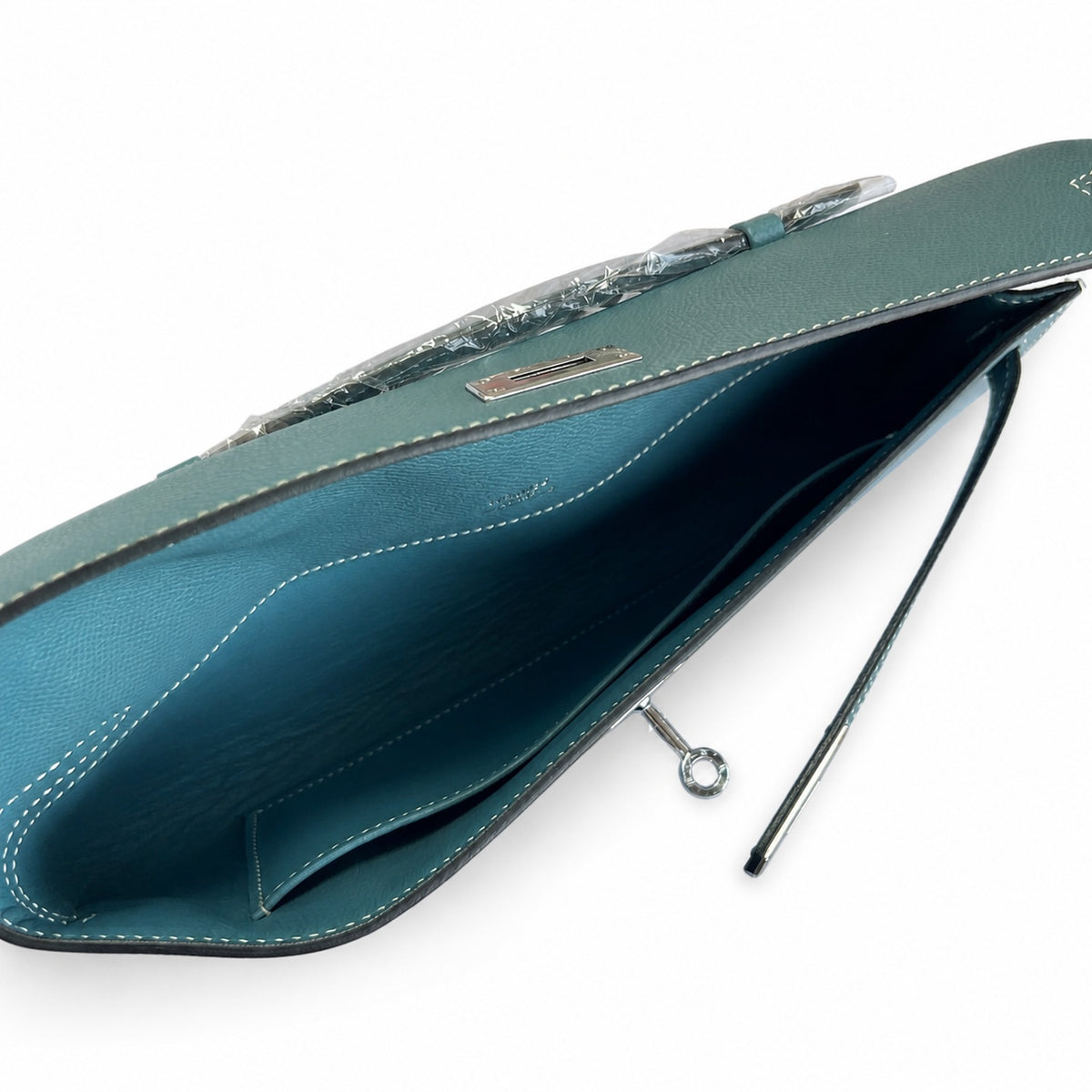 Polished Compact Clutch: Kelly Cut 31 Clutch Epsom Leather Denim Blue