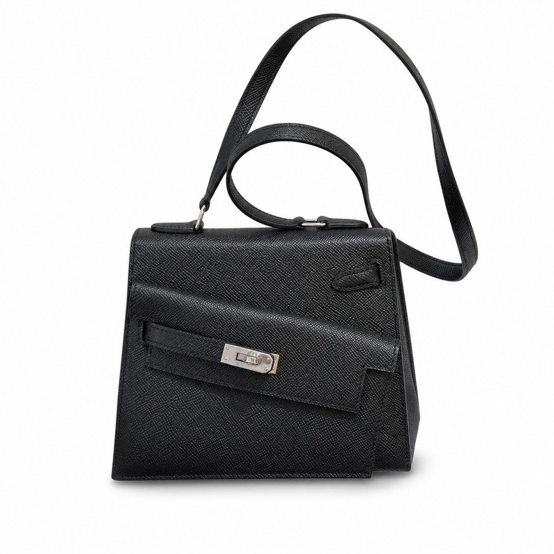 Kelly Double-Sided Epsom Leather in Black with Silver Buckle — Elegant Structured Carry Style